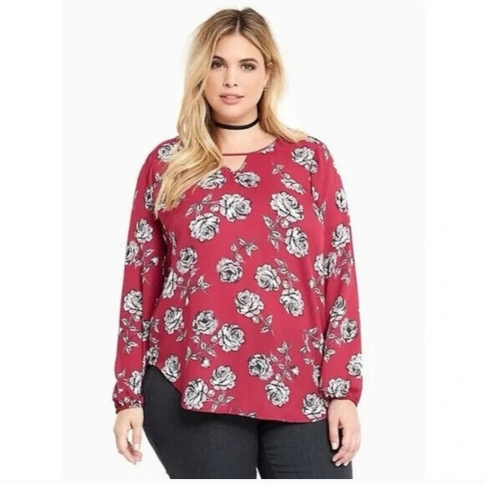 Torrid Georgette Floral Blouse Keyhole Magenta Long Sleeve Women's Size 0 (L 12) - Picture 2 of 15